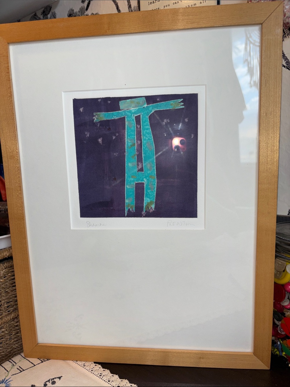 EUC VINTAGE "Shaman" by the artist Pat Wilson.It features an abstract, teal figu